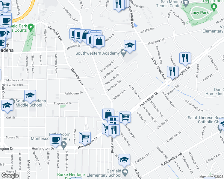map of restaurants, bars, coffee shops, grocery stores, and more near 480 Winthrop Road in San Marino