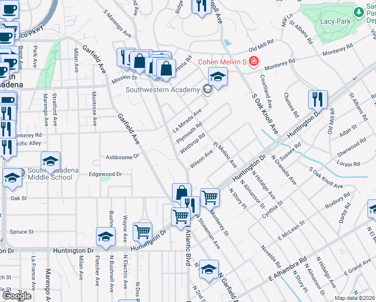 map of restaurants, bars, coffee shops, grocery stores, and more near 480 Winthrop Road in San Marino