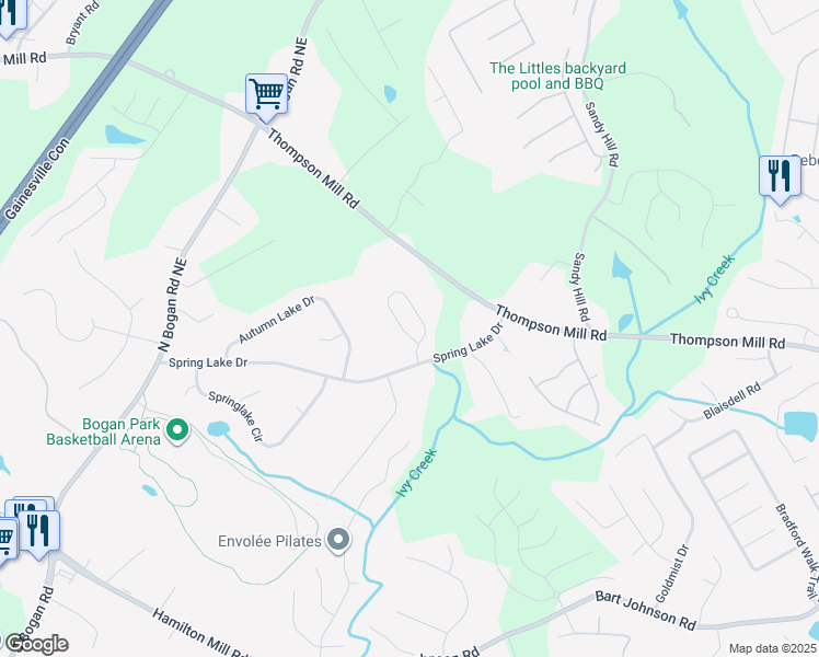 map of restaurants, bars, coffee shops, grocery stores, and more near 4112 Creekrun Circle in Buford