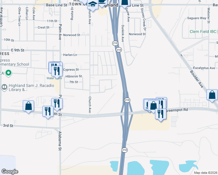 map of restaurants, bars, coffee shops, grocery stores, and more near 27628 Powell Drive in Highland