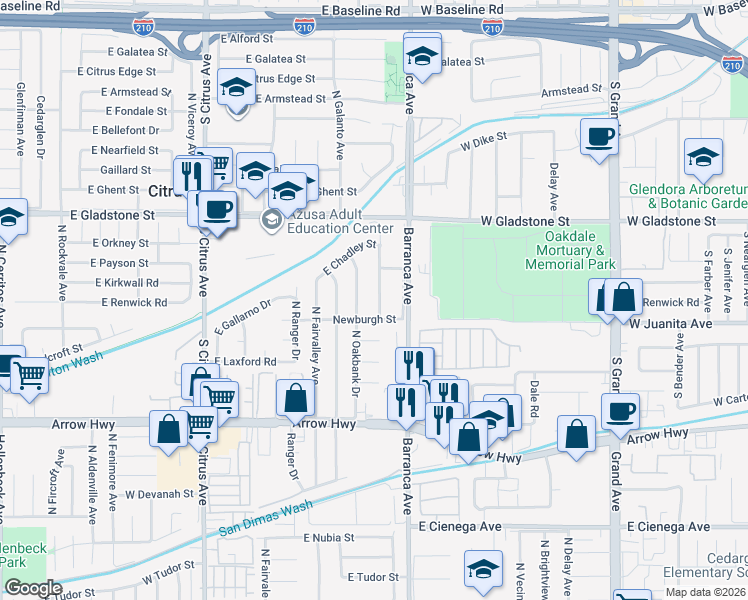 map of restaurants, bars, coffee shops, grocery stores, and more near 5421 North Traymore Avenue in Covina