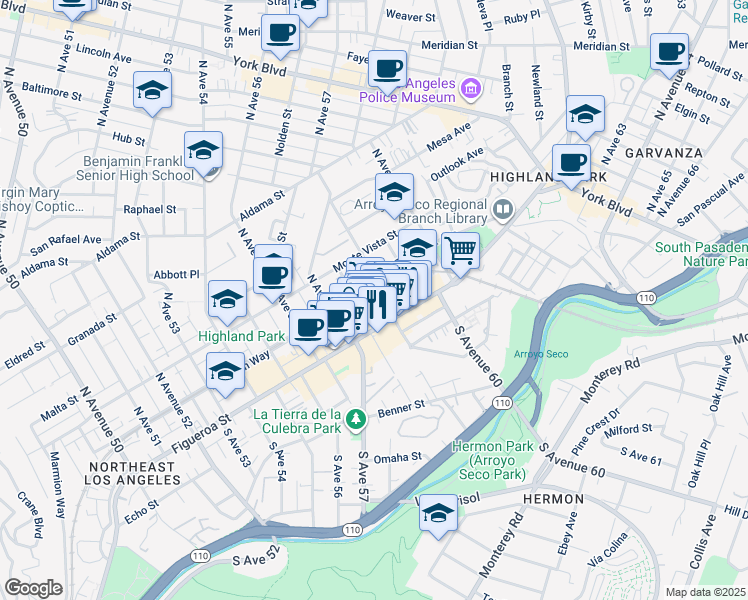 map of restaurants, bars, coffee shops, grocery stores, and more near 5820 Marmion Way in Los Angeles