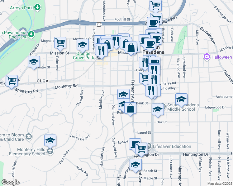map of restaurants, bars, coffee shops, grocery stores, and more near 1208 Lyndon Street in South Pasadena