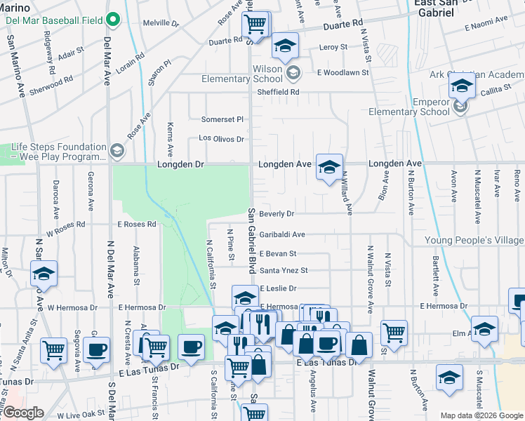 map of restaurants, bars, coffee shops, grocery stores, and more near 8215 Beverly Drive in San Gabriel
