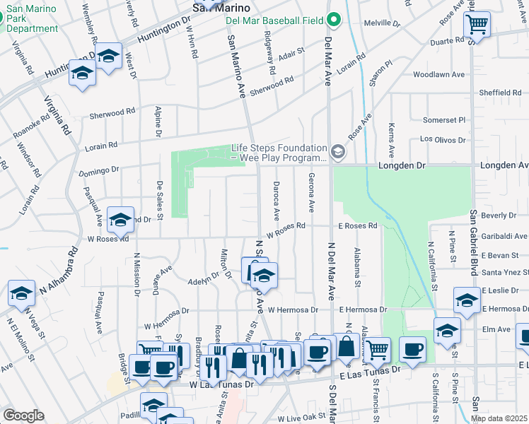 map of restaurants, bars, coffee shops, grocery stores, and more near 532 North San Marino Avenue in San Gabriel