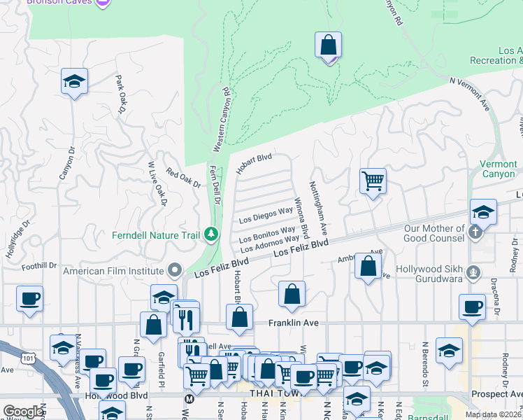 map of restaurants, bars, coffee shops, grocery stores, and more near 5238 Los Encantos Way in Los Angeles