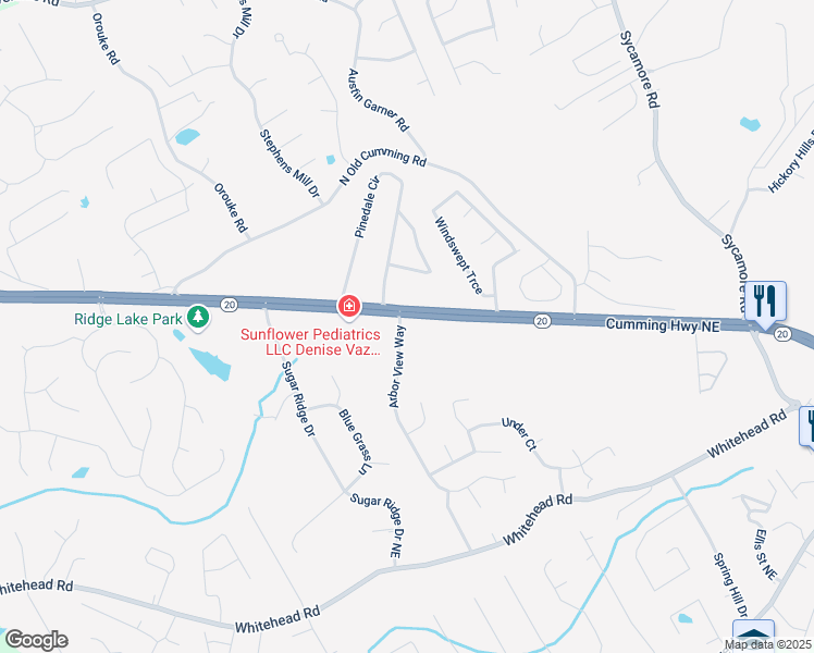 map of restaurants, bars, coffee shops, grocery stores, and more near 5395 Arbor View Way in Sugar Hill
