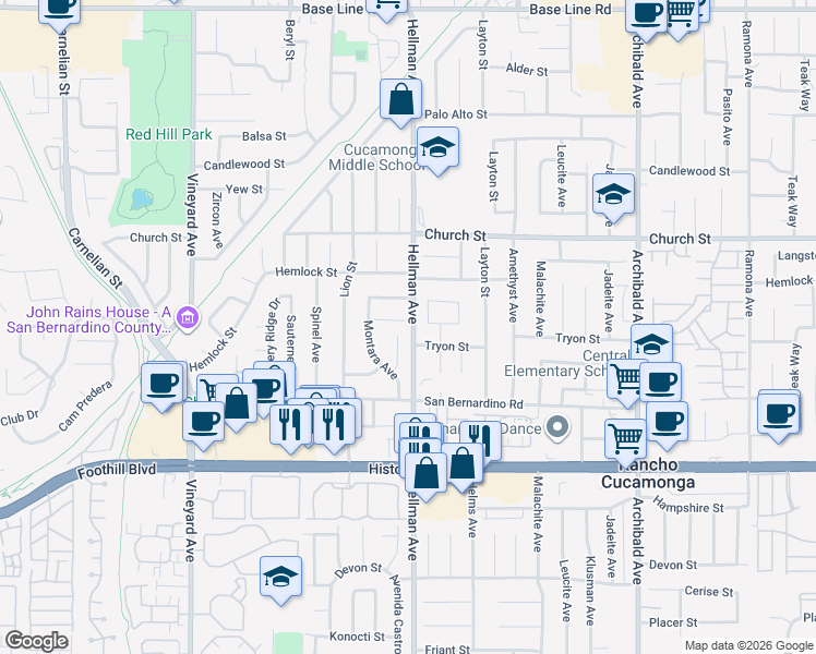 map of restaurants, bars, coffee shops, grocery stores, and more near 9276 Persimmon Avenue in Rancho Cucamonga