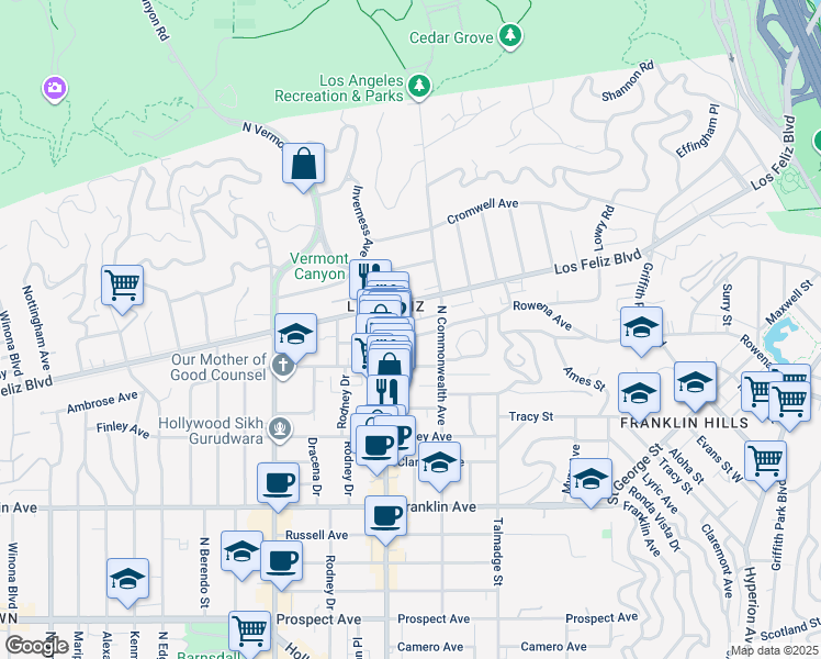 map of restaurants, bars, coffee shops, grocery stores, and more near 4437 Avocado Street in Los Angeles