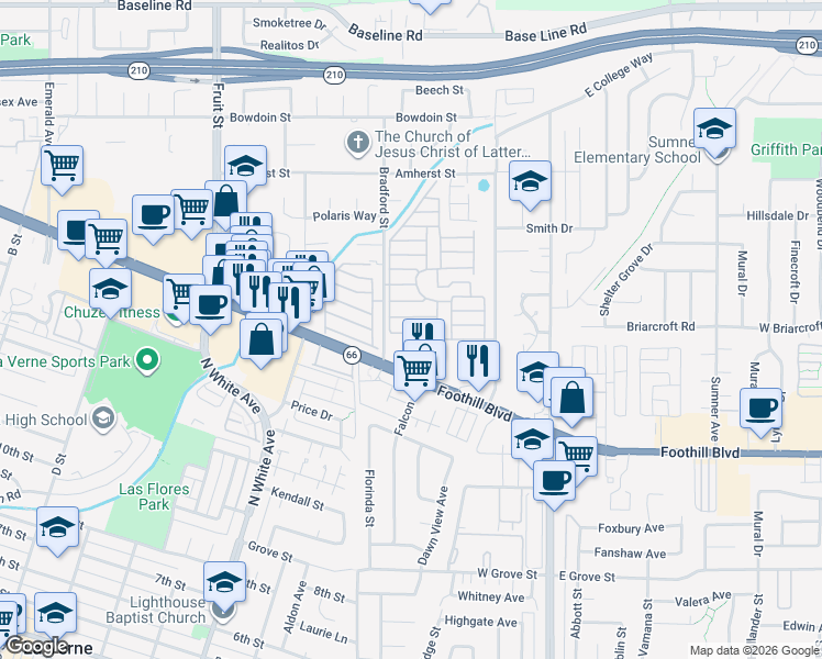 map of restaurants, bars, coffee shops, grocery stores, and more near 3800 Bradford Street in La Verne