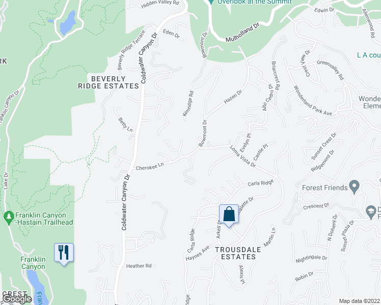 map of restaurants, bars, coffee shops, grocery stores, and more near 9415 Cherokee Lane in Beverly Hills