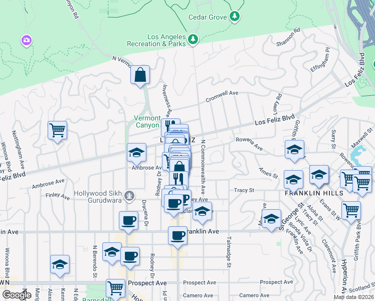 map of restaurants, bars, coffee shops, grocery stores, and more near 4437 Avocado Street in Los Angeles