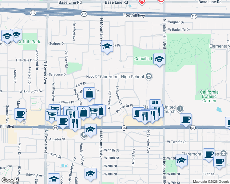 map of restaurants, bars, coffee shops, grocery stores, and more near 1518 Tulane Road in Claremont