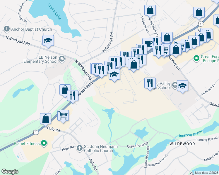 map of restaurants, bars, coffee shops, grocery stores, and more near 107 Roseberry Lane in Columbia