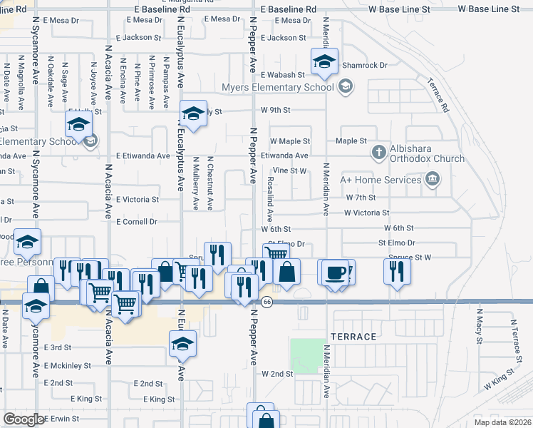 map of restaurants, bars, coffee shops, grocery stores, and more near 648 Rosalind Avenue in Rialto