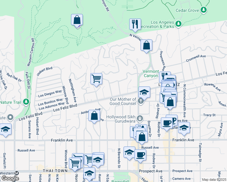 map of restaurants, bars, coffee shops, grocery stores, and more near 2235 North Catalina Street in Los Angeles