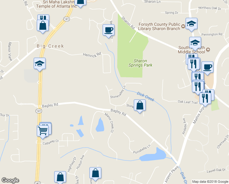 map of restaurants, bars, coffee shops, grocery stores, and more near 2320 Stonevalley Court in Cumming
