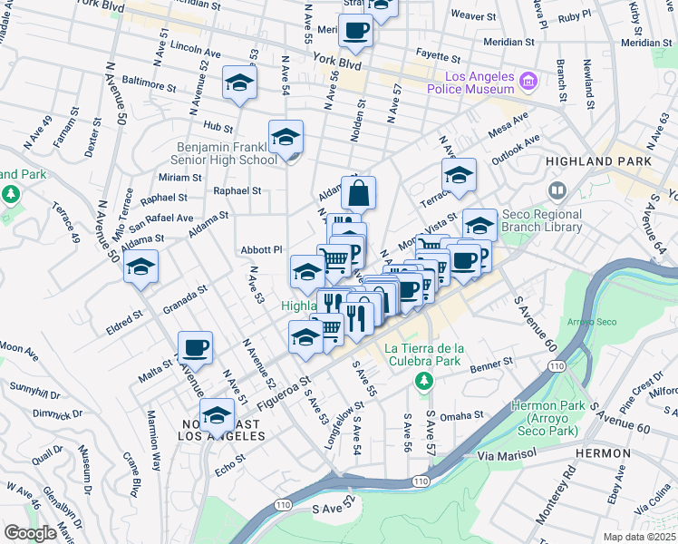 map of restaurants, bars, coffee shops, grocery stores, and more near 5531 Monte Vista Street in Los Angeles