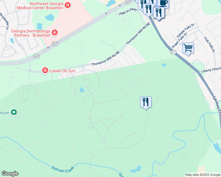 map of restaurants, bars, coffee shops, grocery stores, and more near 2725 Muskogee Lane in Braselton