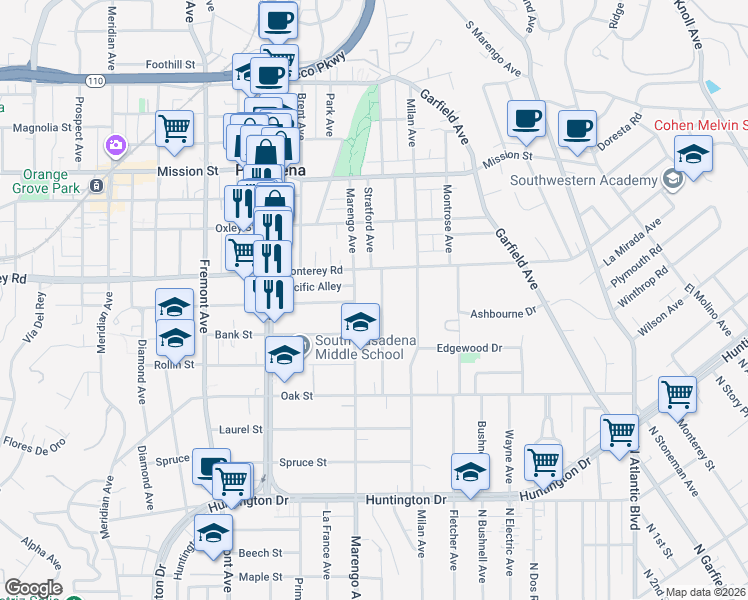 map of restaurants, bars, coffee shops, grocery stores, and more near 1221 Stratford Avenue in South Pasadena