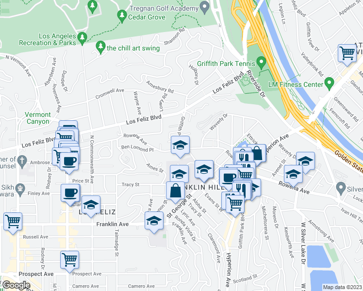 map of restaurants, bars, coffee shops, grocery stores, and more near 3207 Griffith Park Boulevard in Los Angeles