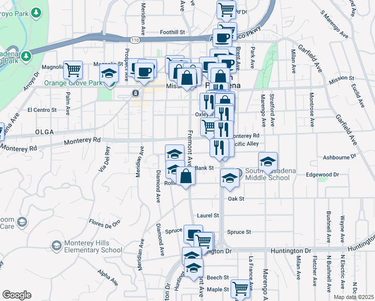 map of restaurants, bars, coffee shops, grocery stores, and more near 1325 Monterey Road in South Pasadena