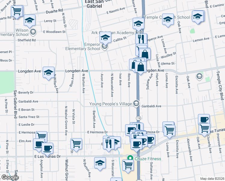 map of restaurants, bars, coffee shops, grocery stores, and more near North Muscatel Avenue in Los Angeles County
