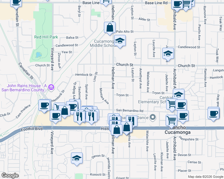 map of restaurants, bars, coffee shops, grocery stores, and more near 9276 Persimmon Avenue in Rancho Cucamonga