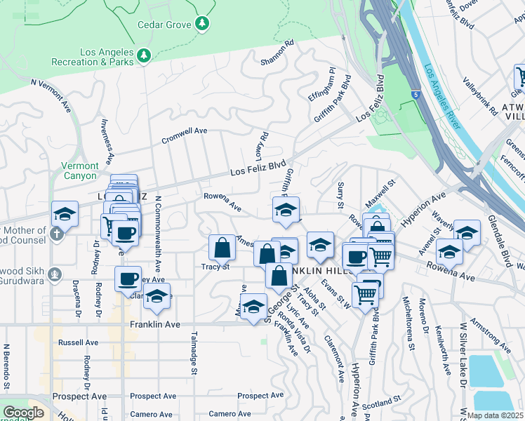 map of restaurants, bars, coffee shops, grocery stores, and more near 3379 Rowena Avenue in Los Angeles