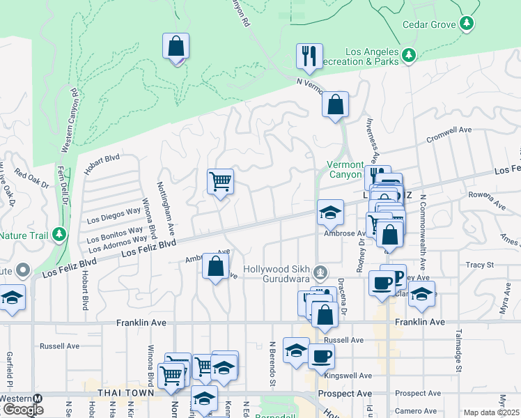 map of restaurants, bars, coffee shops, grocery stores, and more near 2235 North Catalina Street in Los Angeles