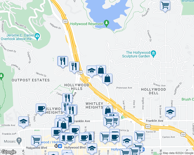 map of restaurants, bars, coffee shops, grocery stores, and more near 2304 North Cahuenga Boulevard in Los Angeles