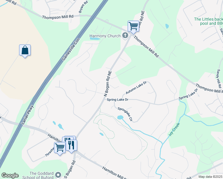 map of restaurants, bars, coffee shops, grocery stores, and more near 2849 Knotty Pine Court in Buford