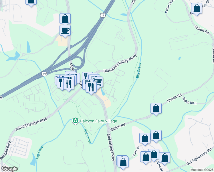 map of restaurants, bars, coffee shops, grocery stores, and more near 1655 Oak Farm Drive in Alpharetta