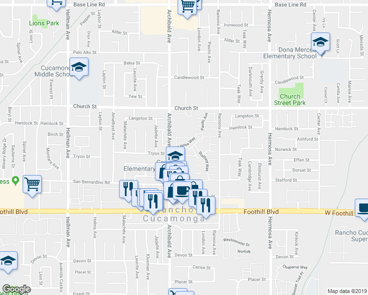 map of restaurants, bars, coffee shops, grocery stores, and more near 9757 Louise Way in Rancho Cucamonga