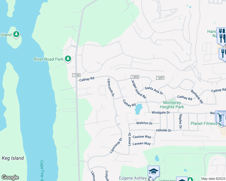 map of restaurants, bars, coffee shops, grocery stores, and more near 6519 Lipscomb Drive in Wilmington