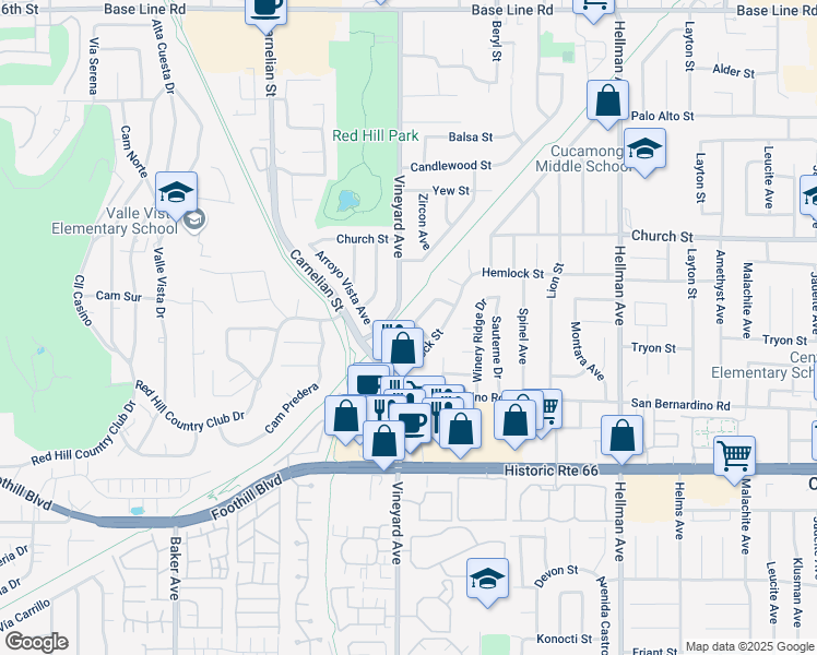 map of restaurants, bars, coffee shops, grocery stores, and more near 7854 Hickory Circle in Rancho Cucamonga