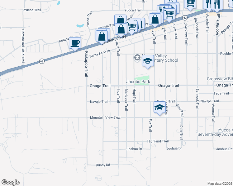map of restaurants, bars, coffee shops, grocery stores, and more near 7744 Inca Trail in Yucca Valley