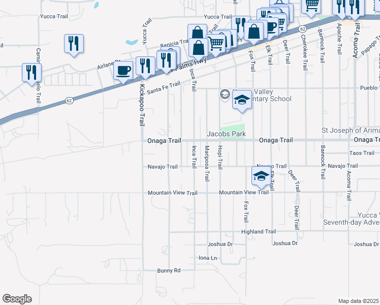 map of restaurants, bars, coffee shops, grocery stores, and more near 7744 Inca Trail in Yucca Valley