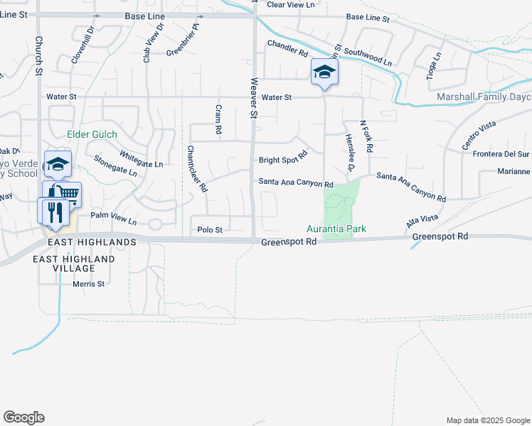 map of restaurants, bars, coffee shops, grocery stores, and more near 7772 Silver Buckle Road in Highland