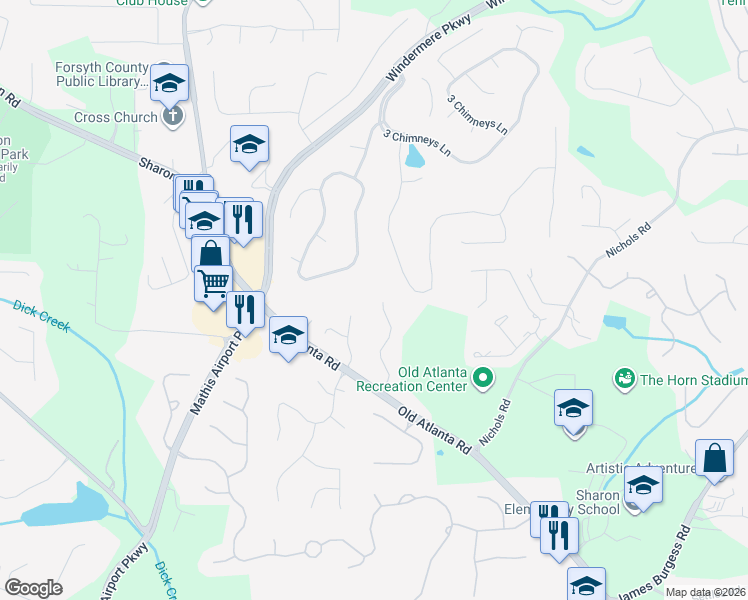 map of restaurants, bars, coffee shops, grocery stores, and more near 3445 Ashton Drive in Suwanee