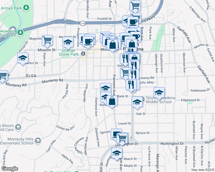 map of restaurants, bars, coffee shops, grocery stores, and more near 1302 Lyndon Street in South Pasadena