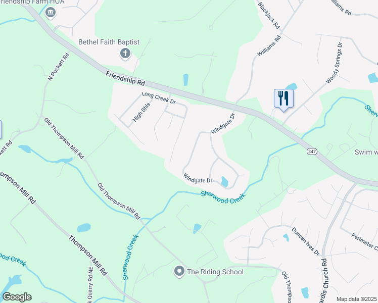 map of restaurants, bars, coffee shops, grocery stores, and more near 3238 Windgate Drive in Buford