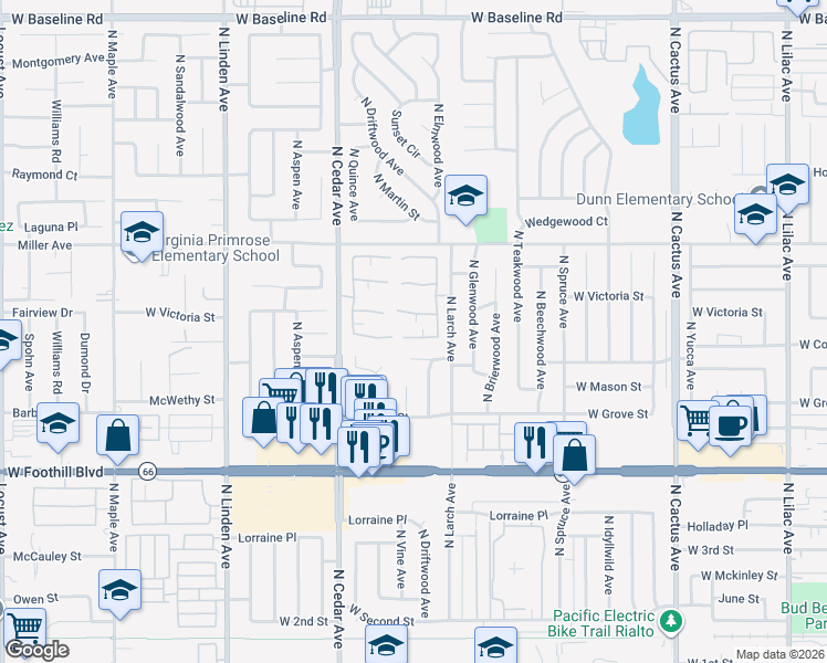 map of restaurants, bars, coffee shops, grocery stores, and more near 1148 West Cornell Street in Rialto