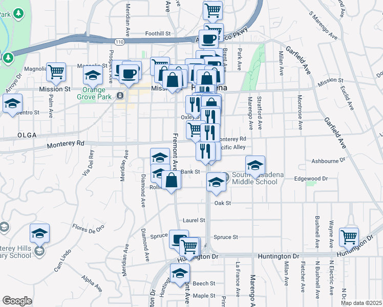 map of restaurants, bars, coffee shops, grocery stores, and more near 1428 Lyndon Street in South Pasadena