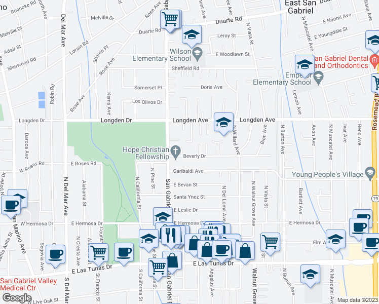 map of restaurants, bars, coffee shops, grocery stores, and more near 8253 Beverly Drive in San Gabriel