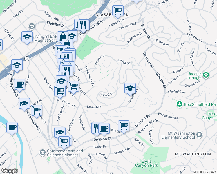 map of restaurants, bars, coffee shops, grocery stores, and more near 3633 Lavell Drive in Los Angeles
