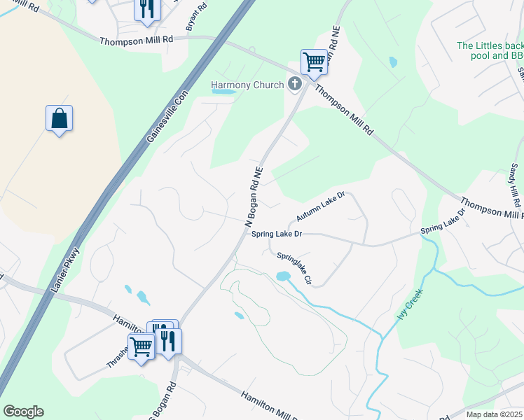 map of restaurants, bars, coffee shops, grocery stores, and more near 2849 Knotty Pine Court in Buford