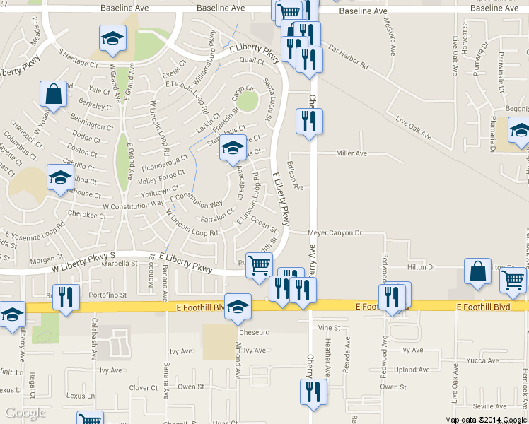 map of restaurants, bars, coffee shops, grocery stores, and more near 14275 San Benito Street in Fontana