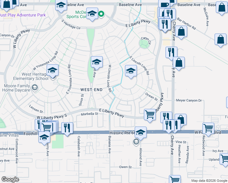 map of restaurants, bars, coffee shops, grocery stores, and more near 14046 Catalina Court in Fontana