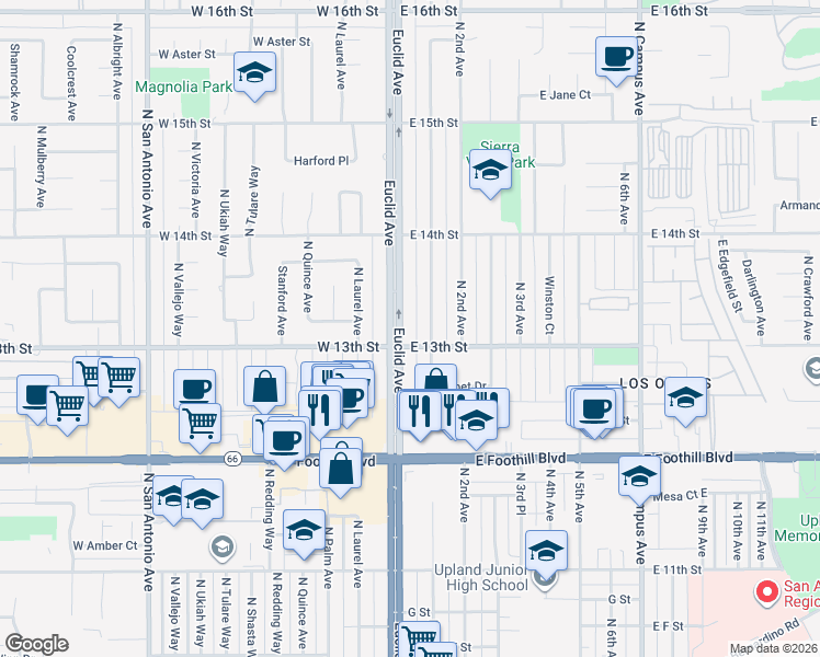 map of restaurants, bars, coffee shops, grocery stores, and more near 1320 North Euclid Avenue in Upland